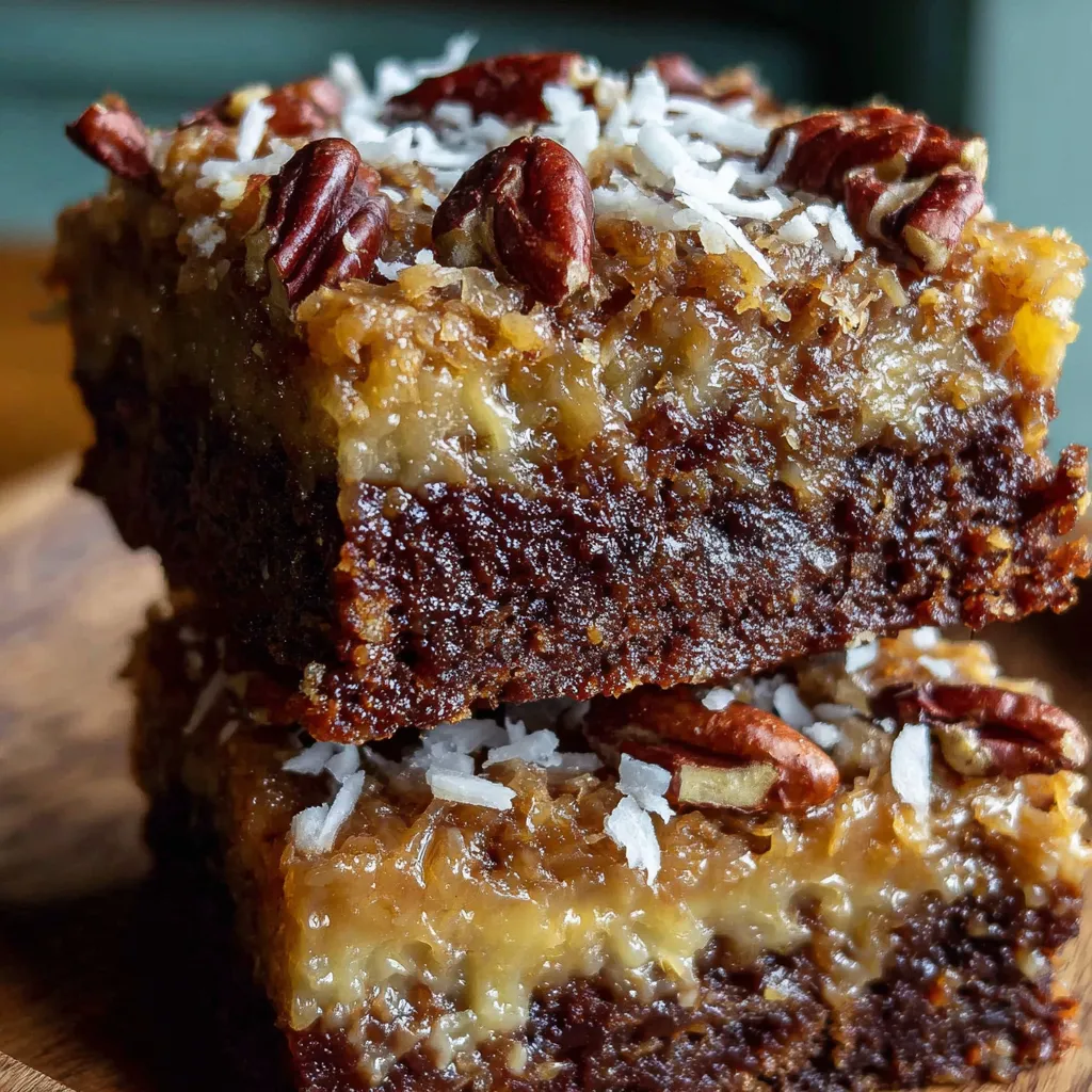 A close up of a slice of German chocolate pecan brownies.