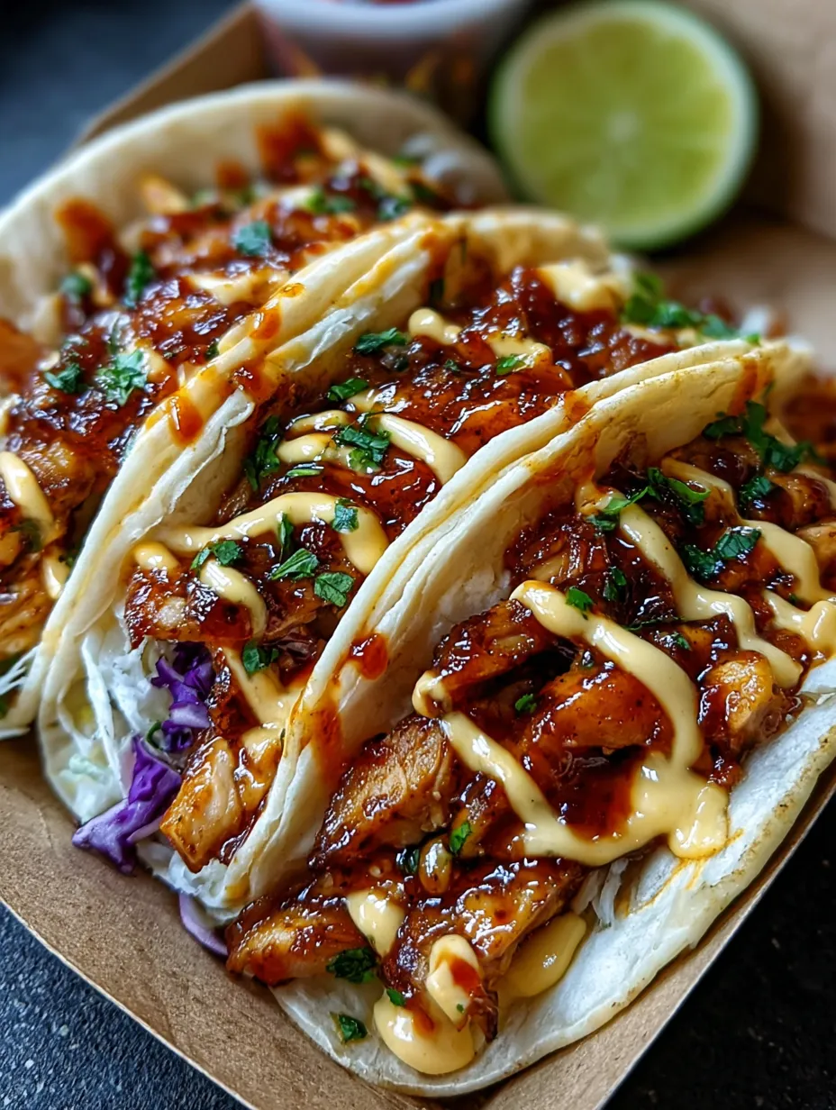 A plate of BBQ chicken tacos with sauce drizzled on top.