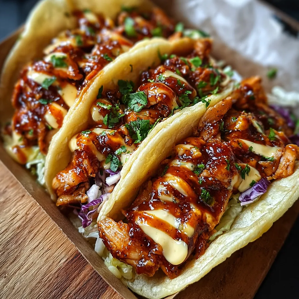 A box of BBQ chicken tacos with sauce.