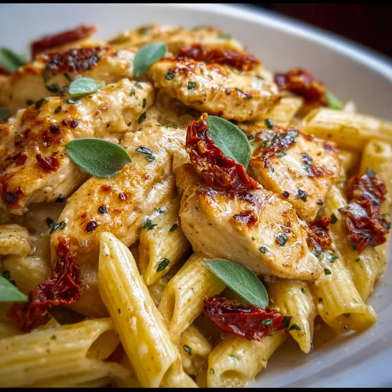 A plate of pasta with chicken and tomatoes.