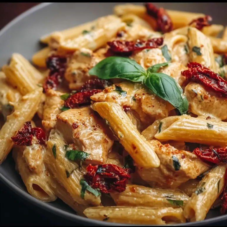 A plate of pasta with chicken and tomatoes.