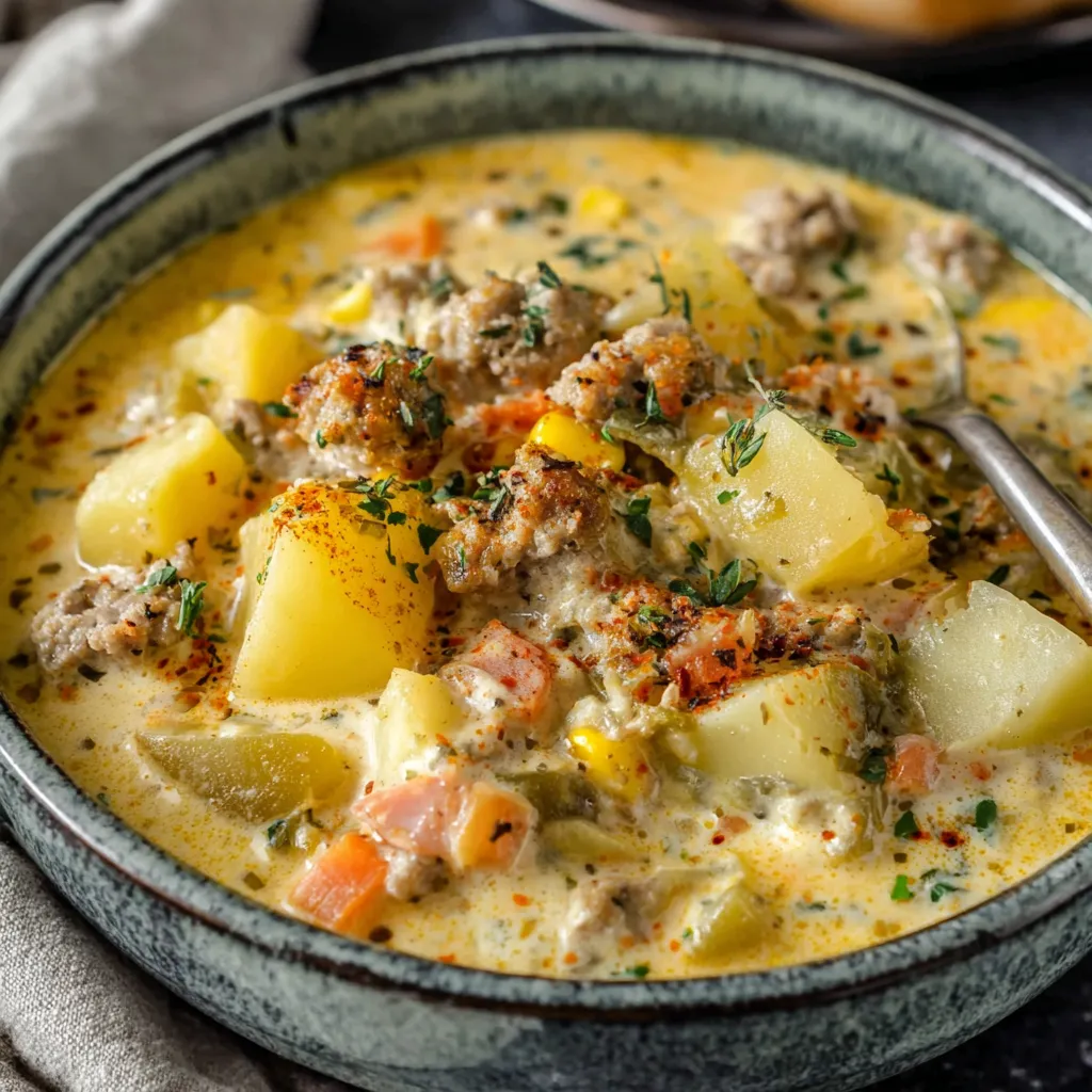 A bowl of creamy potato and sausage chowder.