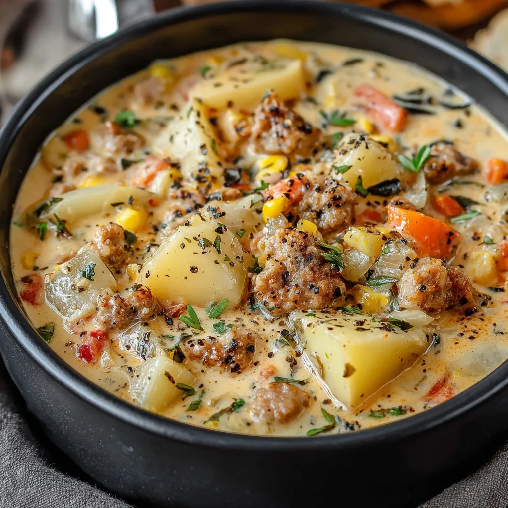 A bowl of creamy potato and sausage chowder.