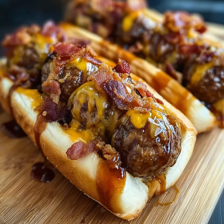 A close up of a bourbon BBQ bacon cheeseburger meatball.