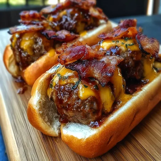 A burger with meatballs and bacon.