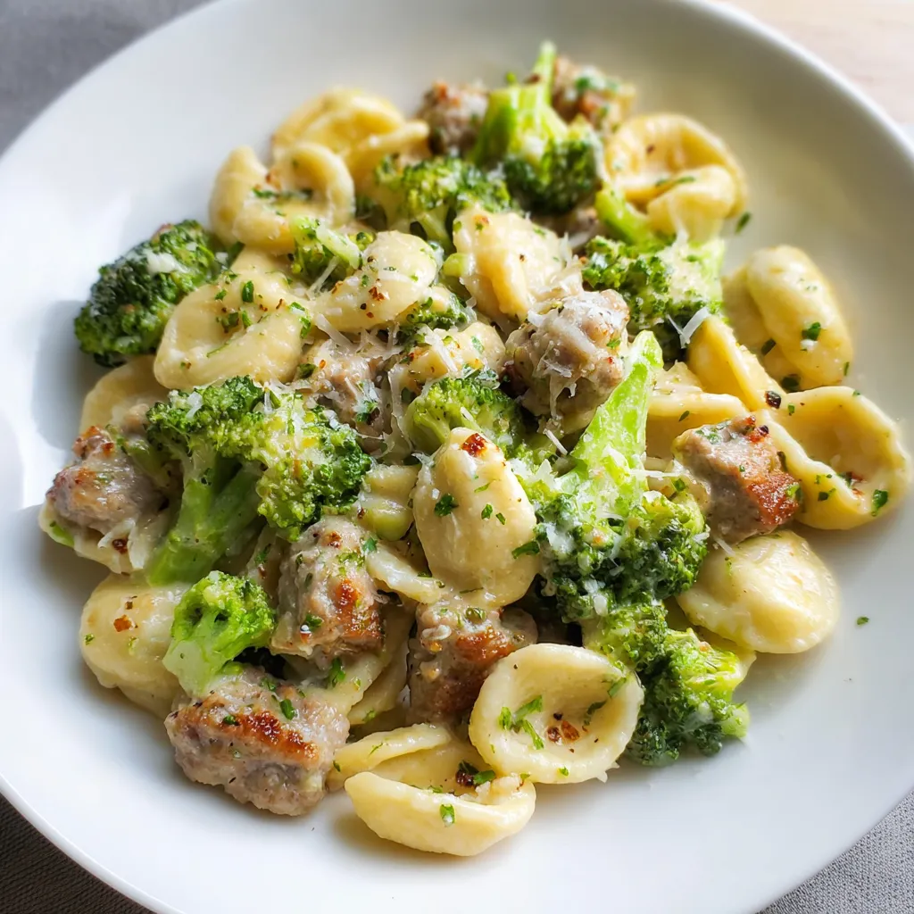 A plate of sausage and broccoli pasta.