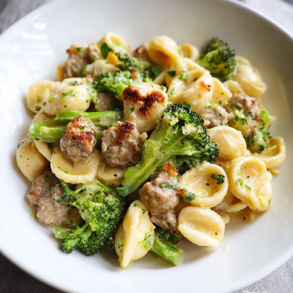 A plate of sausage and broccoli pasta.