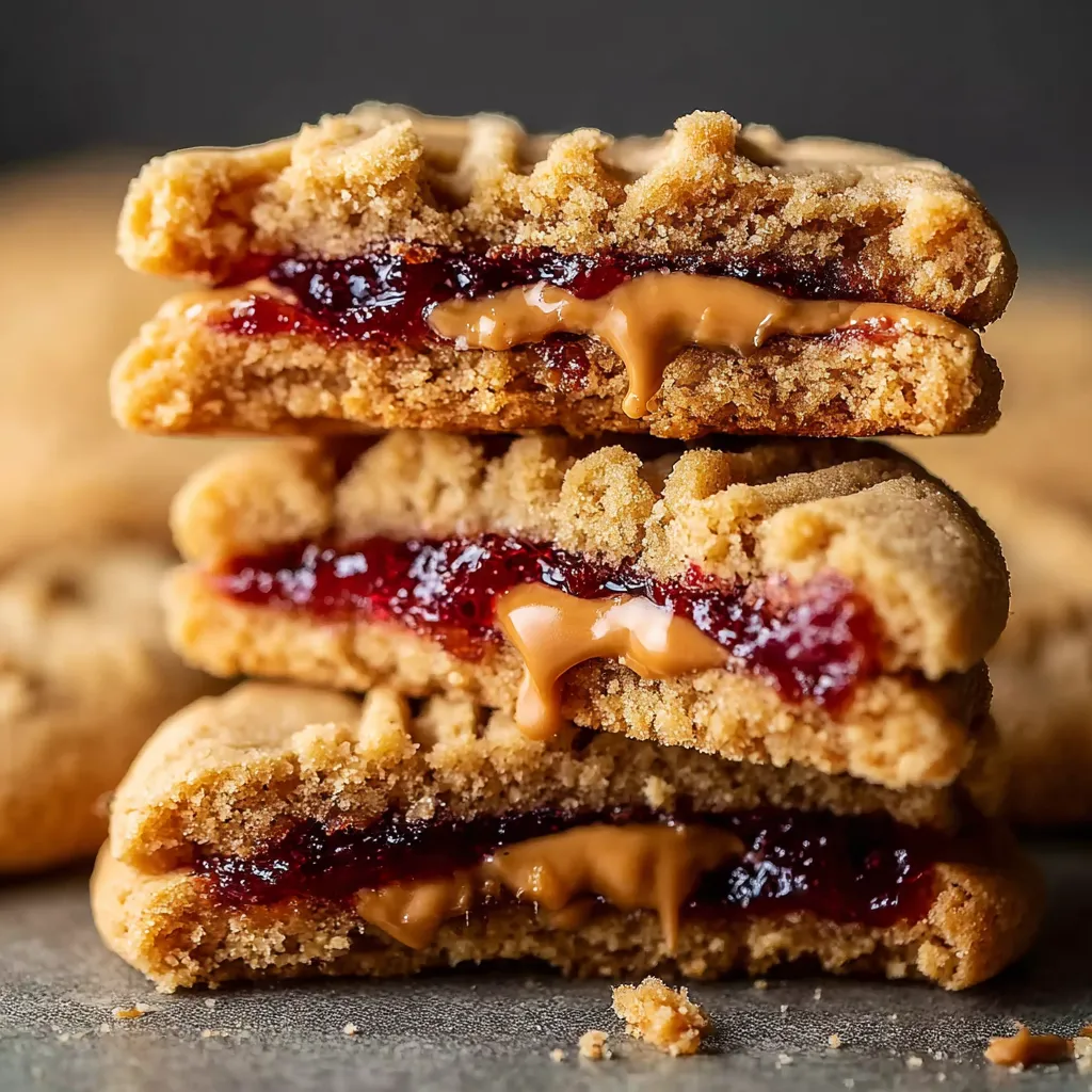 A stack of PB&J stuffed cookies.