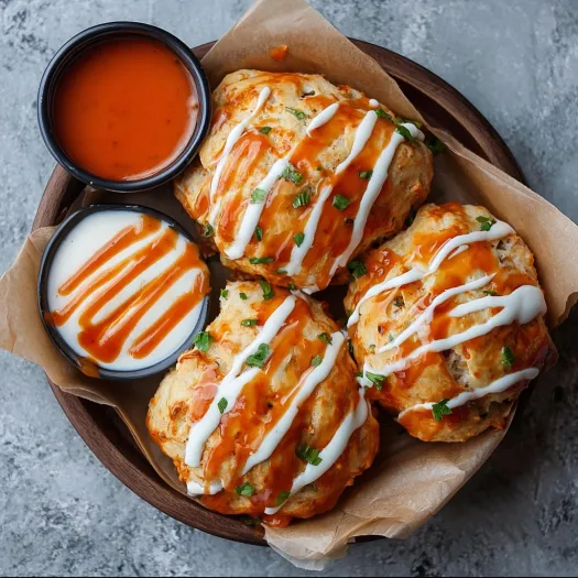 A plate of buffalo chicken bombs with sauce drizzled on them.
