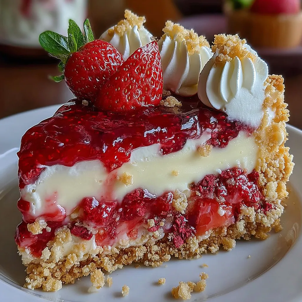 A slice of berrylicious strawberry crunch cheesecake.