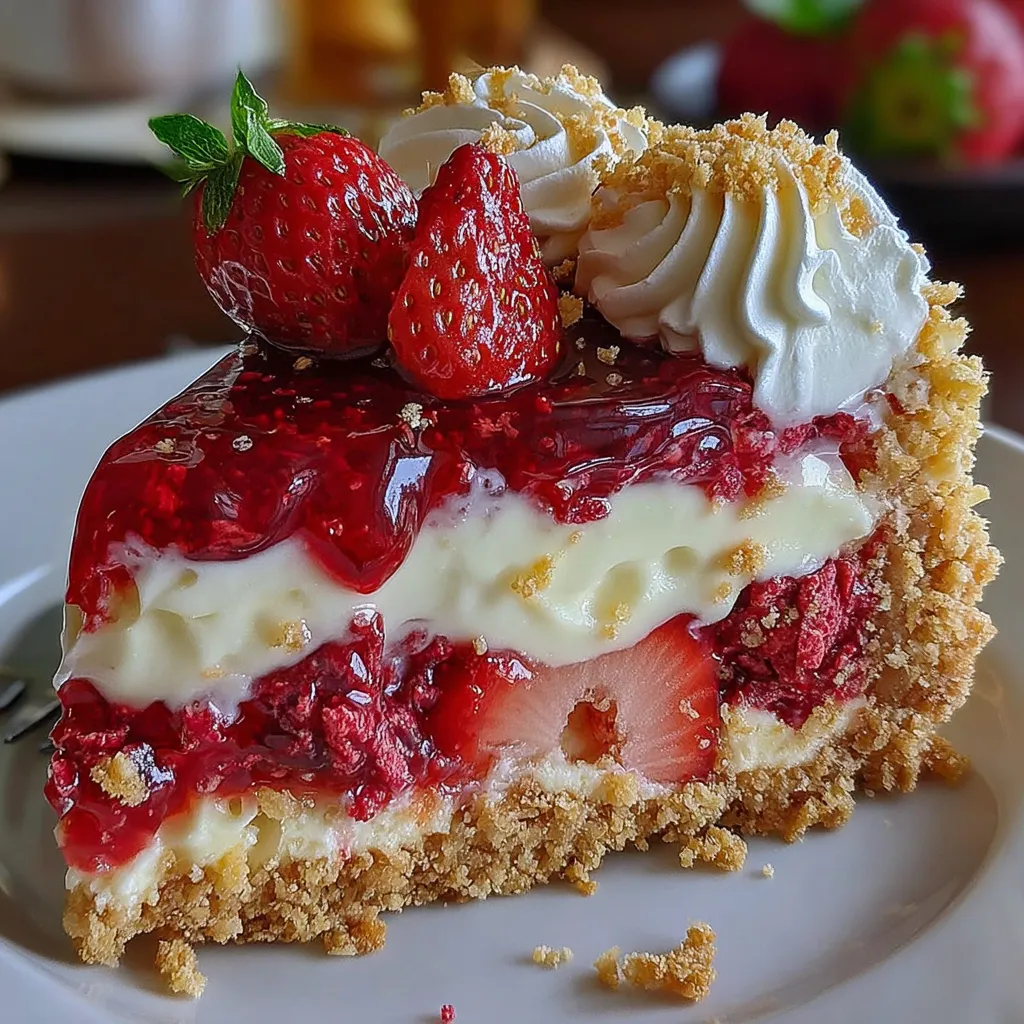 A slice of berrylicious strawberry crunch cheesecake.