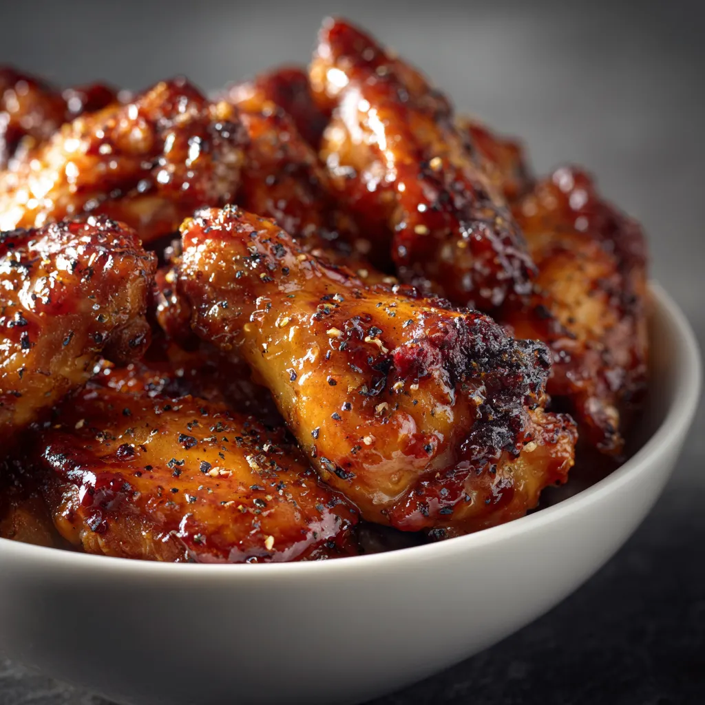 A bowl of BBQ wings with a sticky honey garlic sauce.