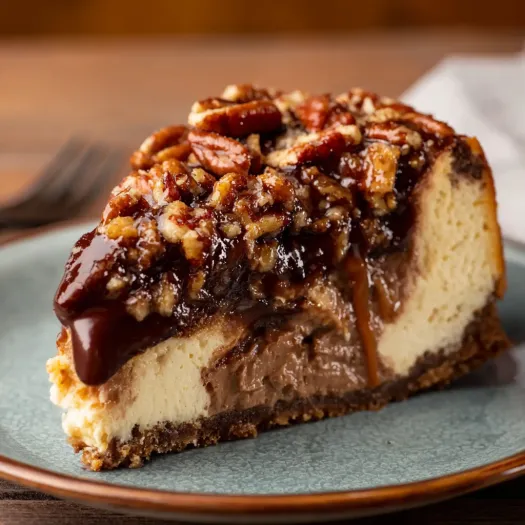 A slice of pecan pie cheesecake on a plate.