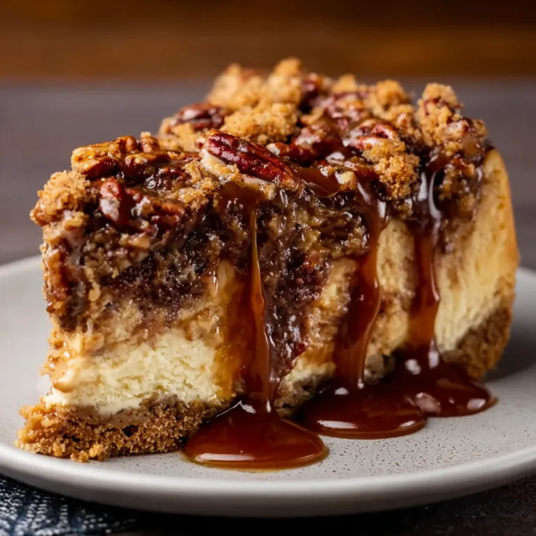 A slice of pecan pie cheesecake with caramel drizzle.