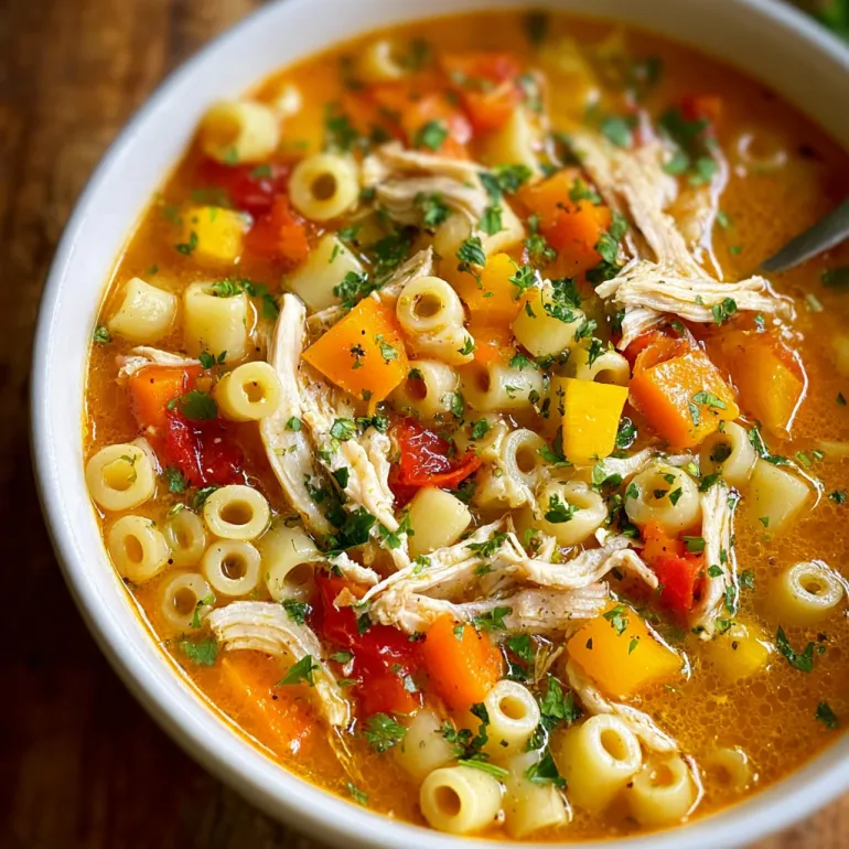 A bowl of chicken soup with pasta and vegetables.