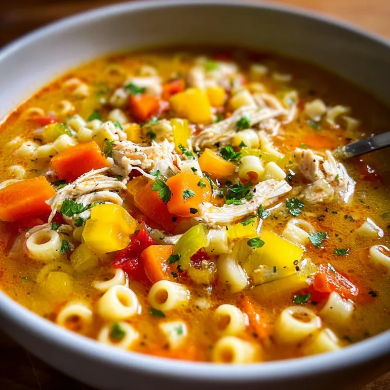 A bowl of chicken soup with pasta and vegetables.