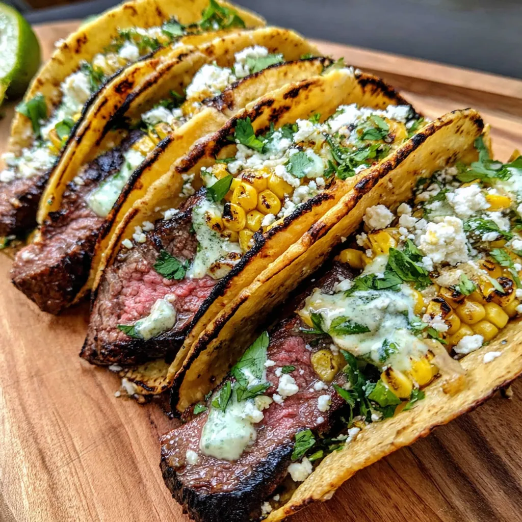 Grilled elote steak tacos on a wooden table.
