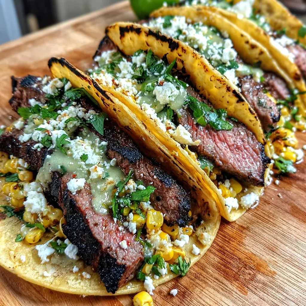 Grilled elote steak tacos on a wooden table.