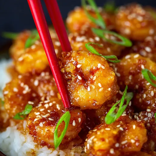 A bowl of crispy orange shrimp with chopsticks.