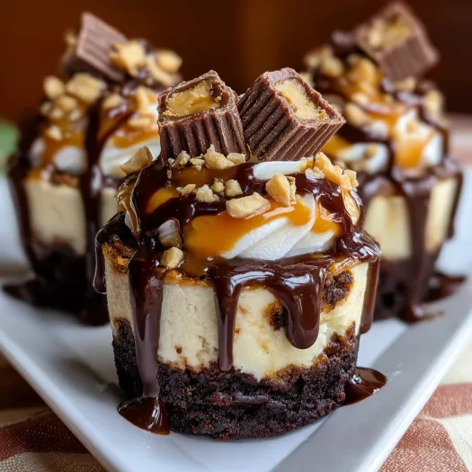 A loaded brownie cheesecake cup with chocolate and caramel drizzle.