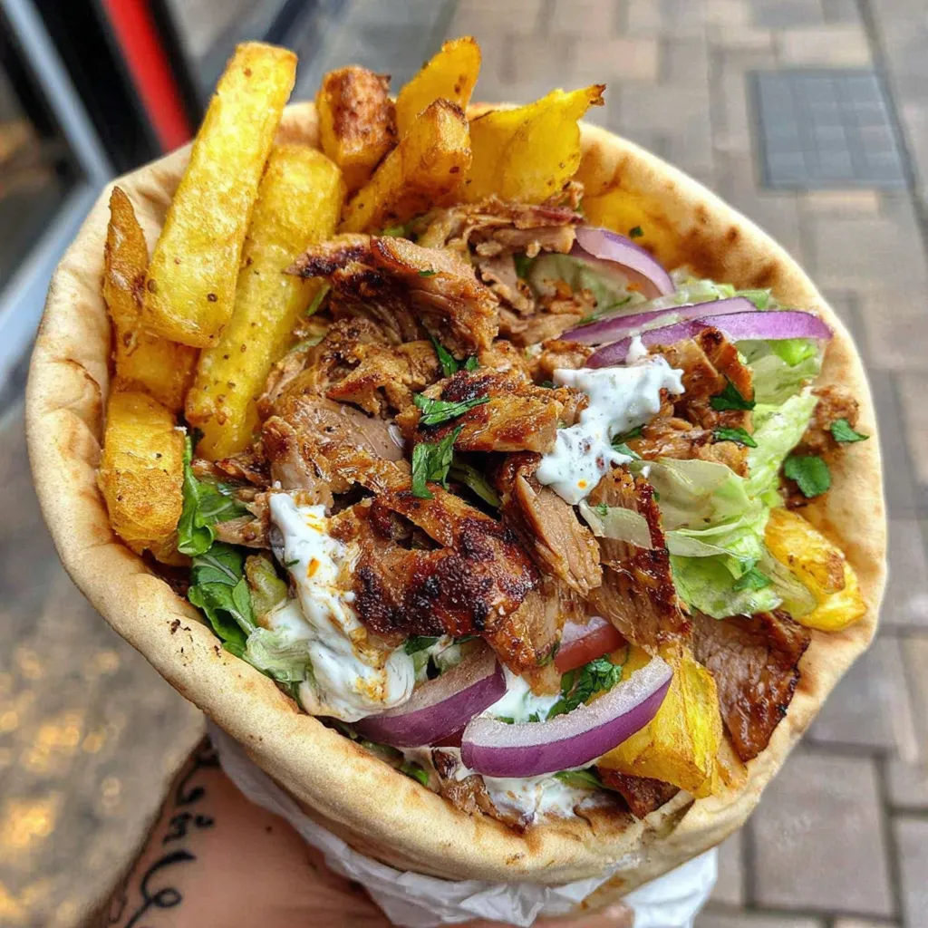 A person is holding a wrap with meat and vegetables.