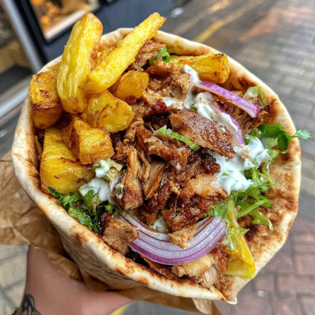 A person is holding a wrap with meat, onions, and fries.