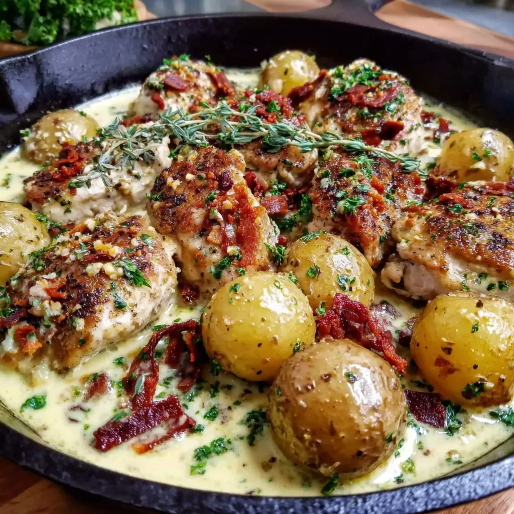 A delicious looking meal of chicken and potatoes.