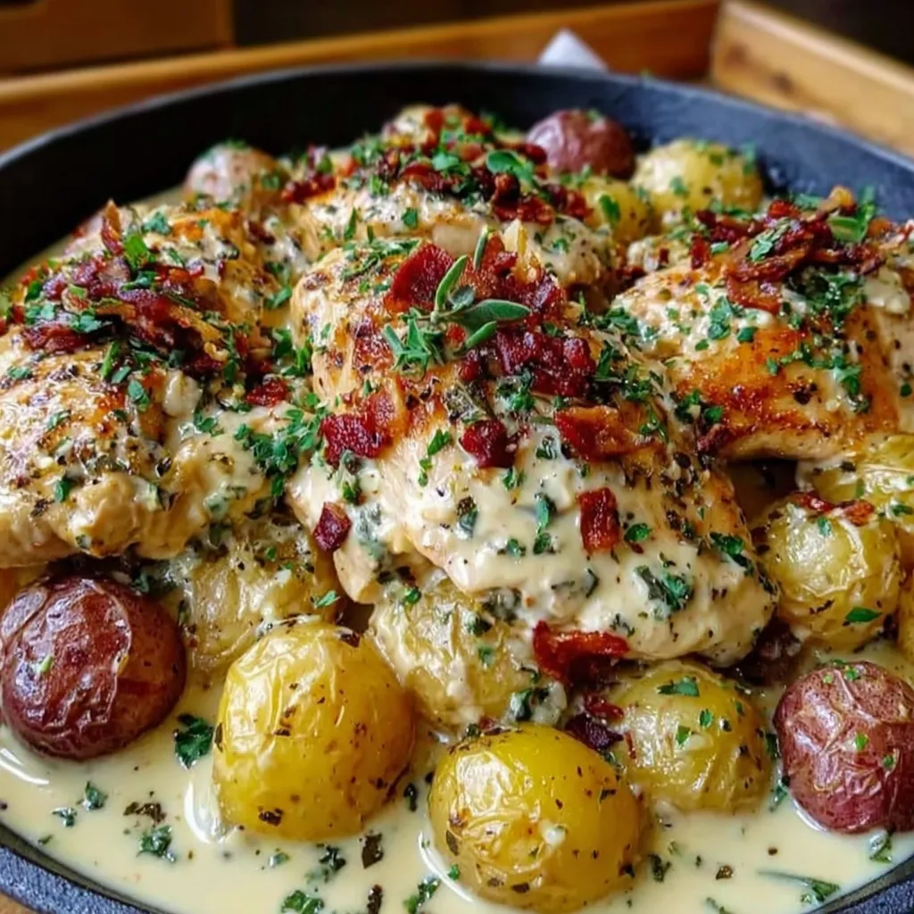A delicious meal of chicken and potatoes.