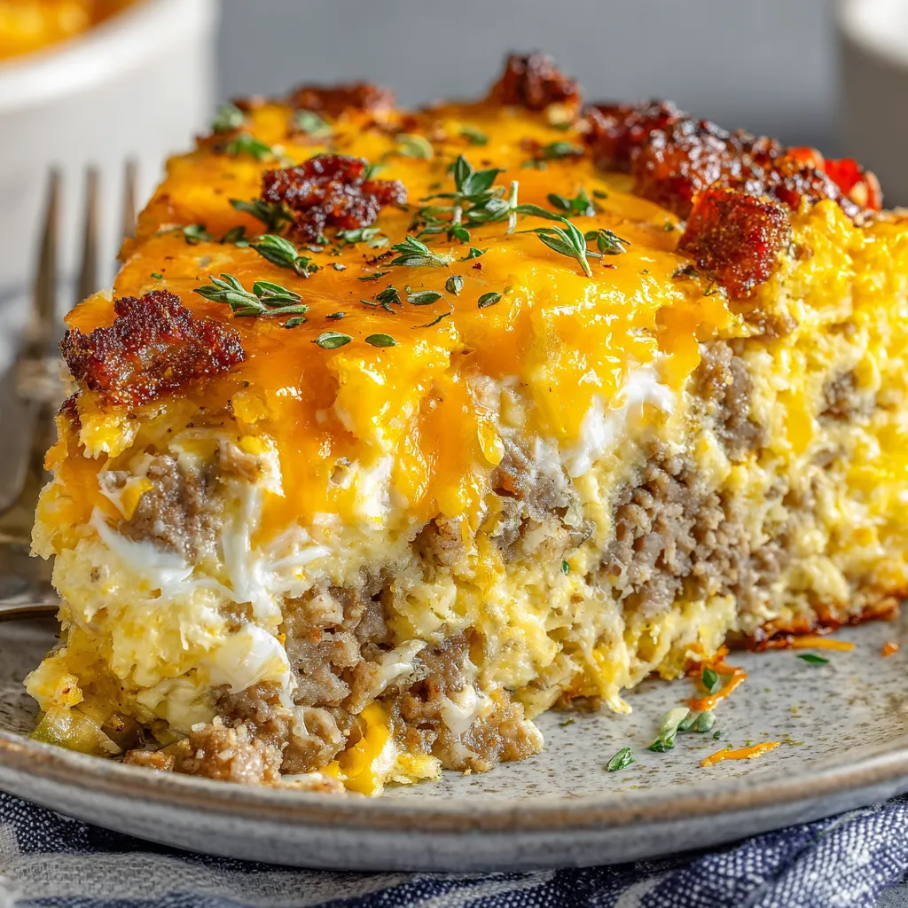 A slice of a casserole with cheese and bacon.
