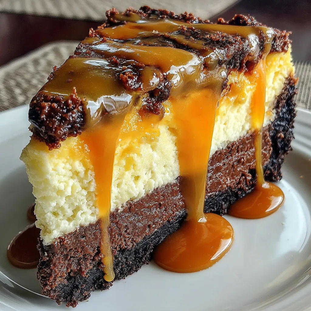 A slice of caramel brownie cheesecake.