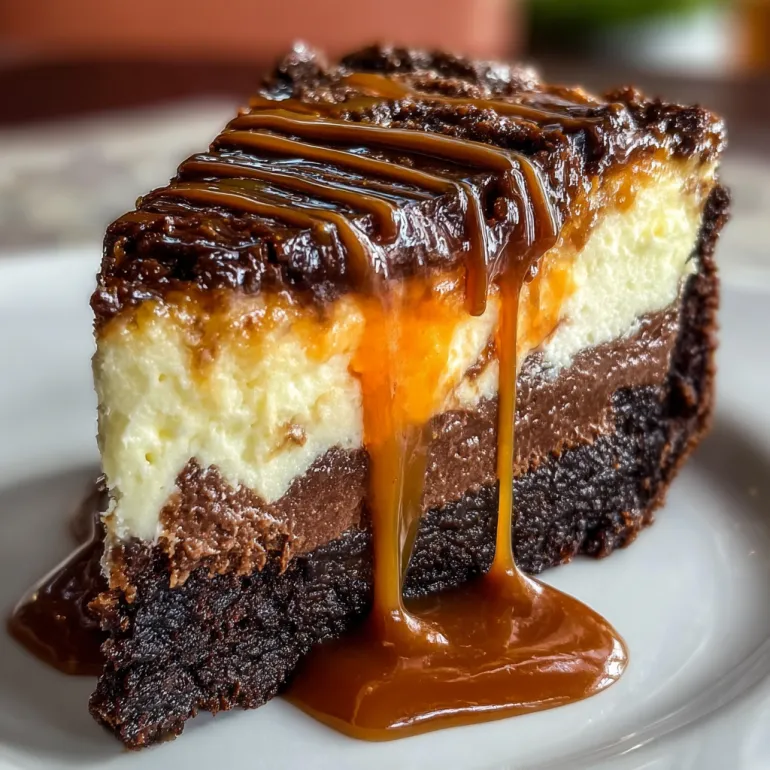 A slice of decadent caramel brownie cheesecake.