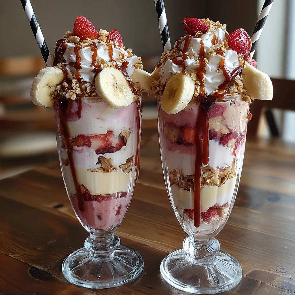 Two glasses of banana split milkshakes.