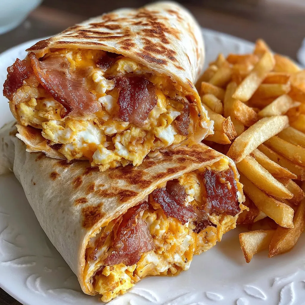 A breakfast burrito with bacon and cheese.