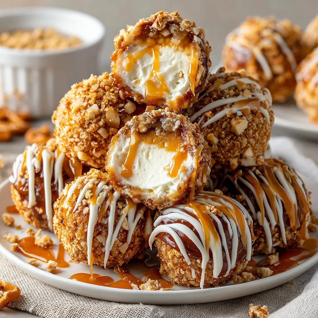 A plate of cheesecake balls with caramel drizzle.