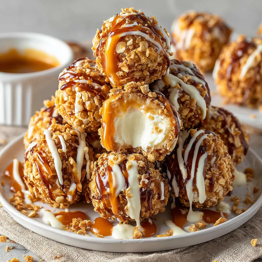 A plate of cheesecake balls with caramel drizzle.