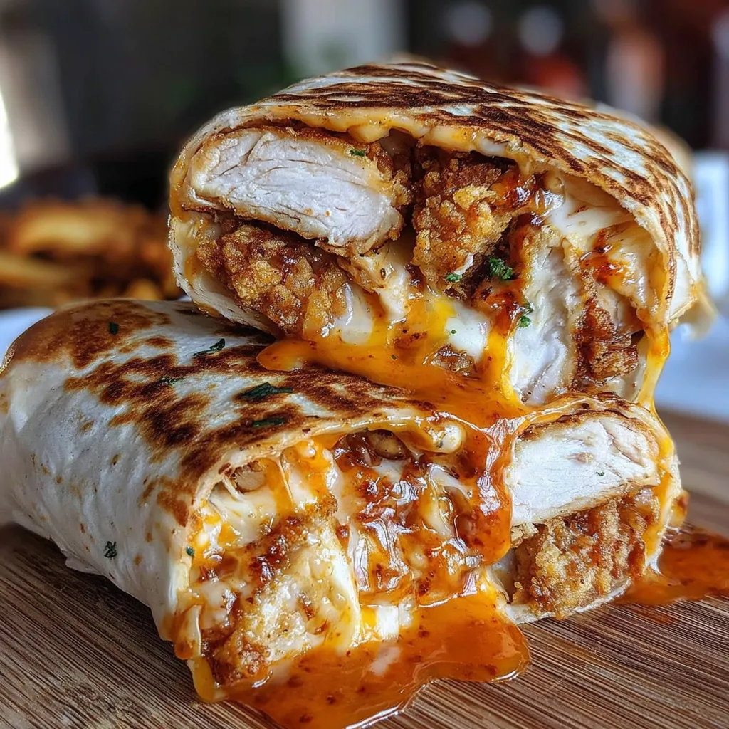 A cheesy crispy chicken wrap on a table.