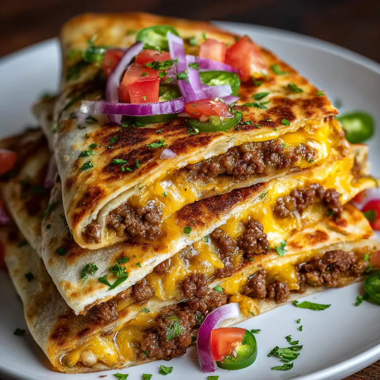 A stack of cheesy smashburger quesadillas.