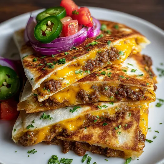 A stack of cheesy smashburger quesadillas.