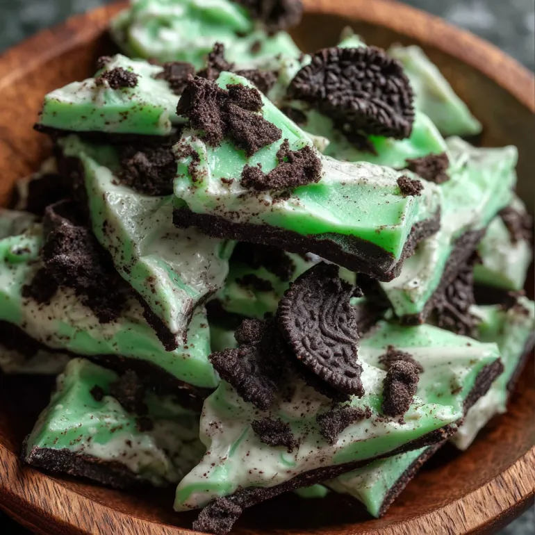 A bowl of green mint Oreo white bark.