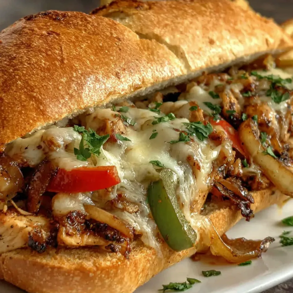 A close up of a cheesesteak sandwich.