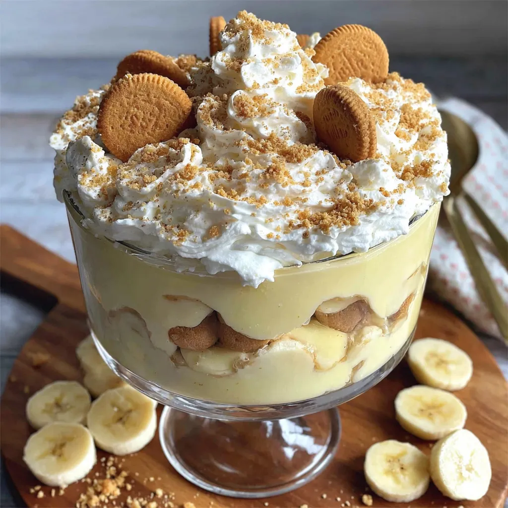 A glass bowl filled with a creamy banana pudding.