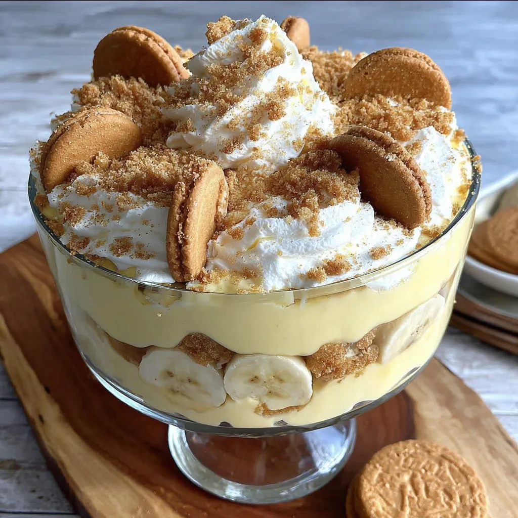 A bowl of creamy banana pudding with cookies on the side.