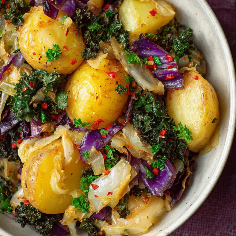 A bowl of cabbage and potatoes.