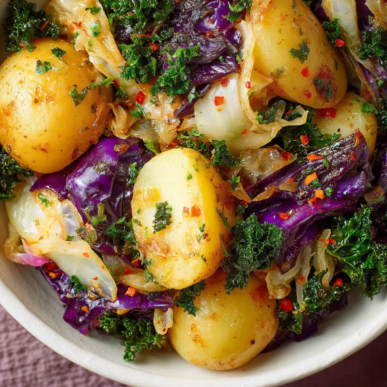 A bowl of cabbage and potatoes.
