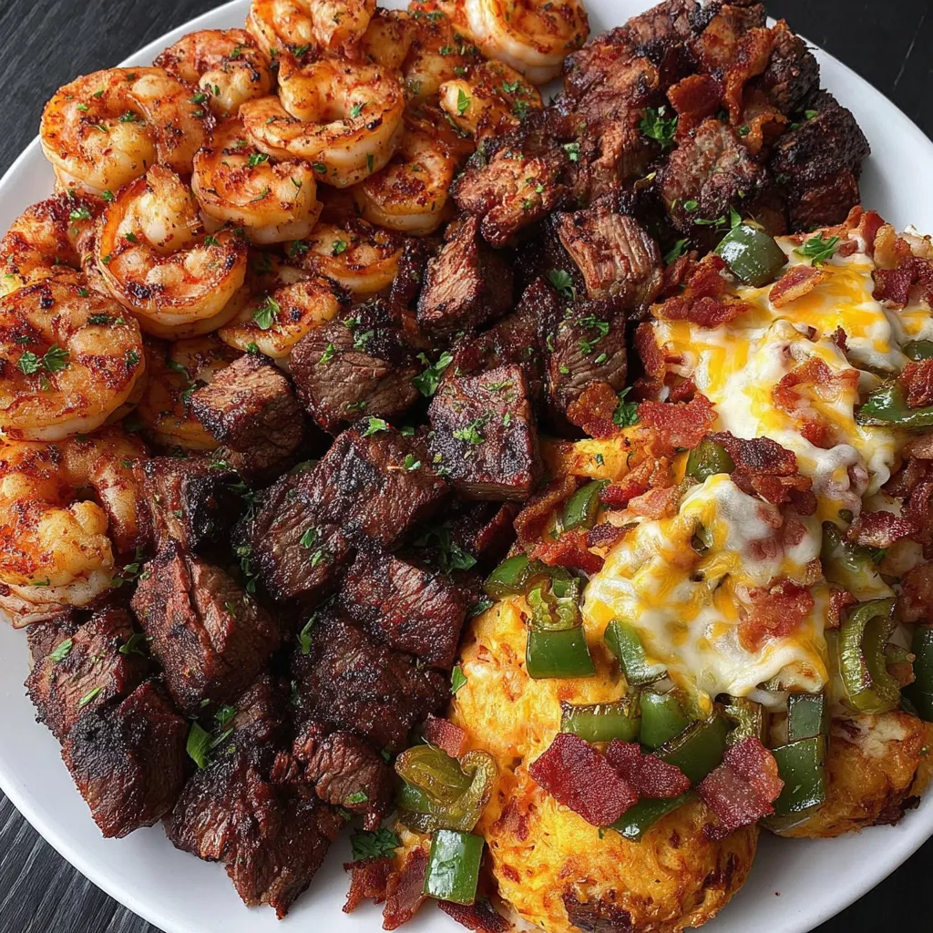 A plate of food with shrimp, steak, bacon, and rice.