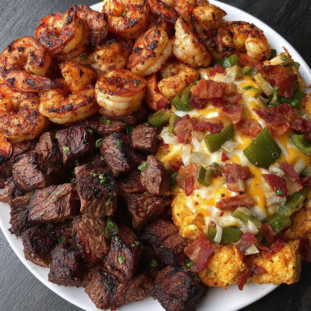 A plate of food with shrimp, steak, bacon, and rice.