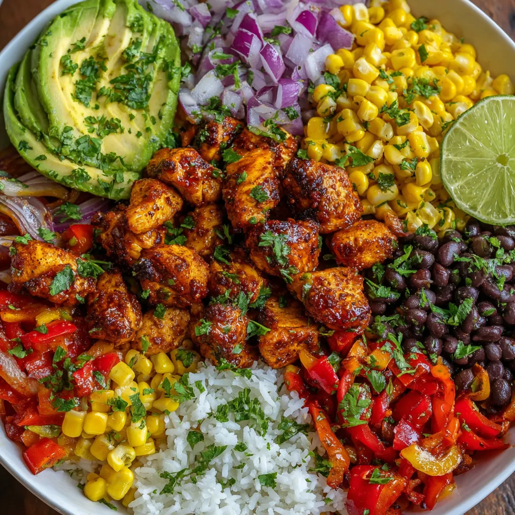 A Cajun Chicken Bowl with rice, beans, corn, and various vegetables.