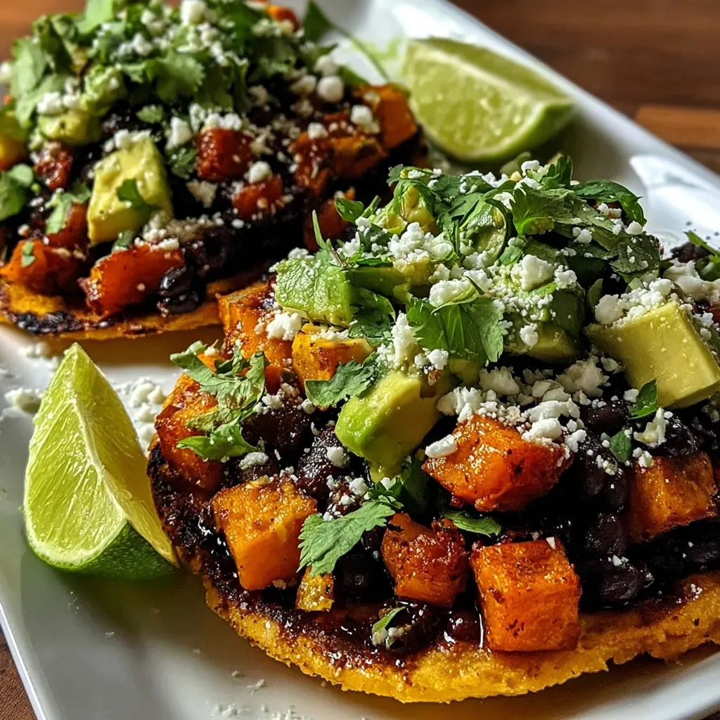 Two black bean sweet potato tostadas on a white plate.