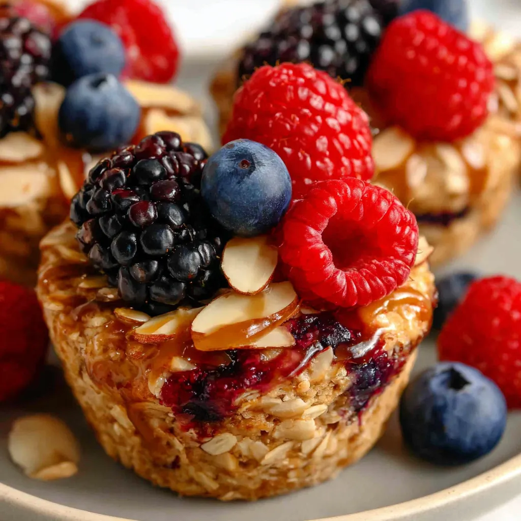 A plate of baked oatmeal cups with berries on top.