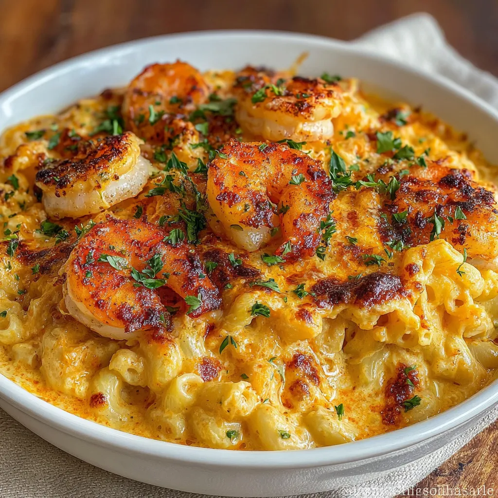 A bowl of Cajun Shrimp and Crab Mac and Cheese.